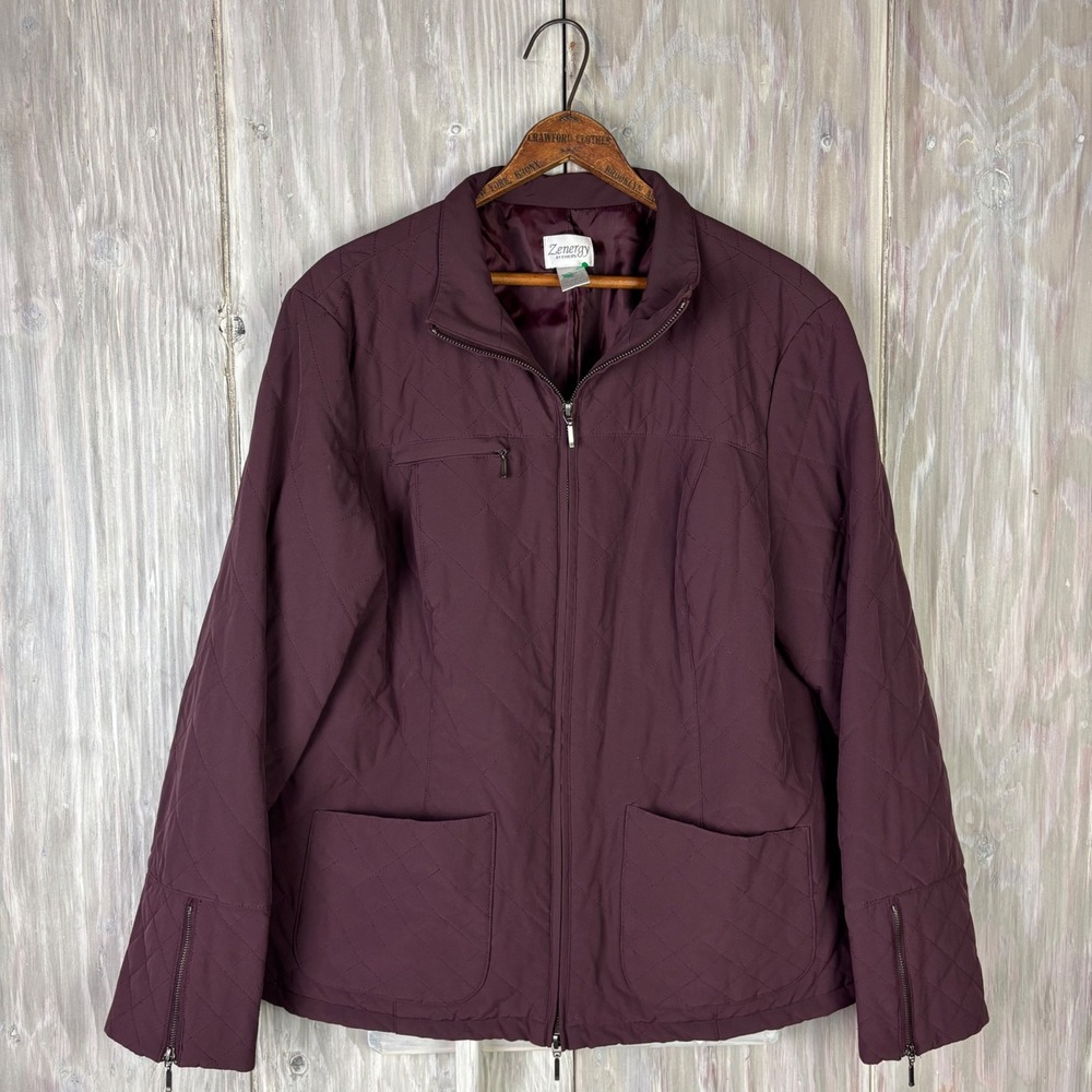 Zenergy by‎ Chico's Quilted Burgundy Zipper Pocket Zip Up Jacket Sz 2 M Cottage